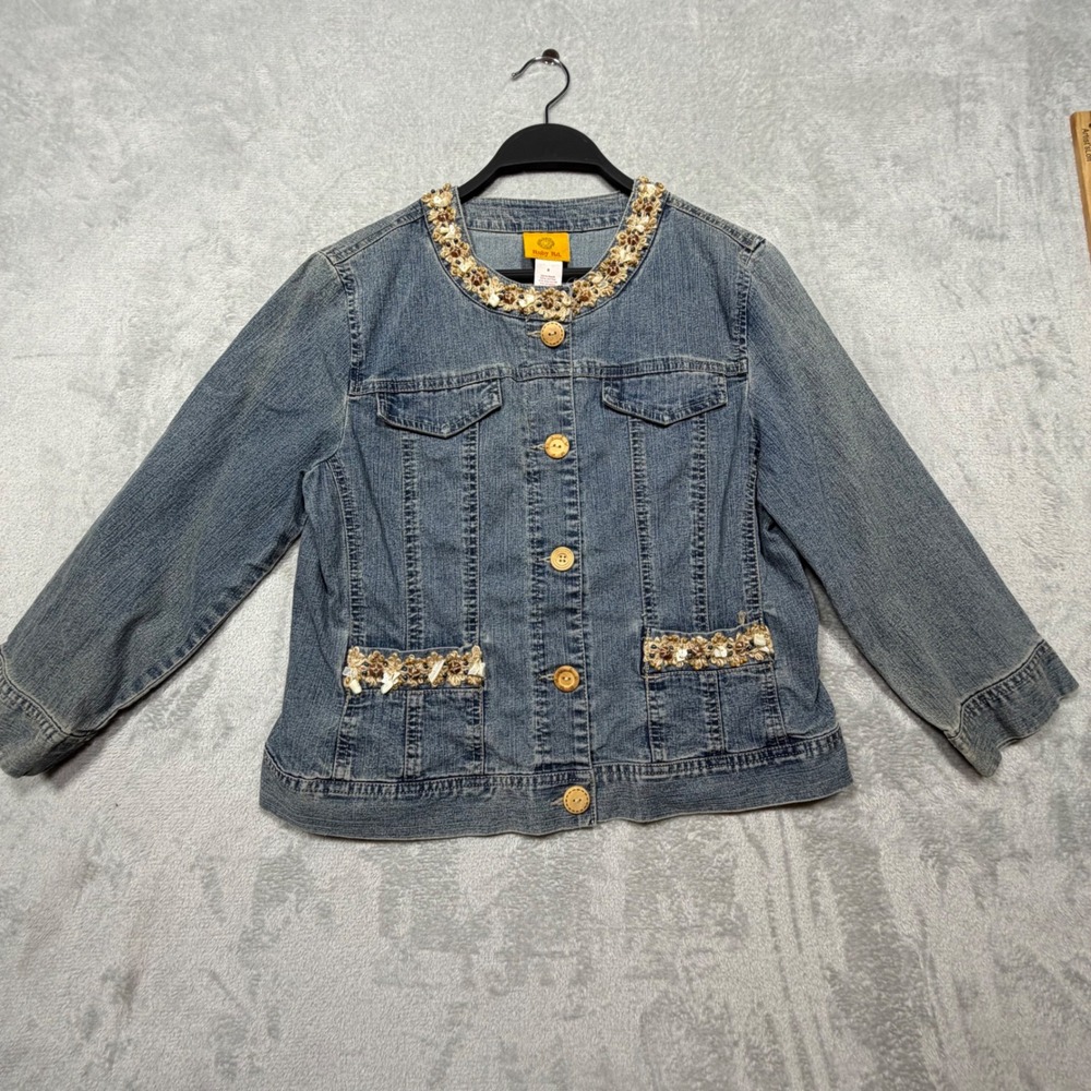 Vintage Eclectic 2000s Cotton Blue Denim Jacket Boho Embellished Vintage Size 8